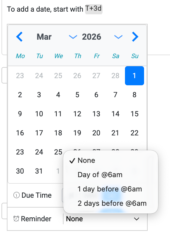 Calendar popup showing how to add reminders
